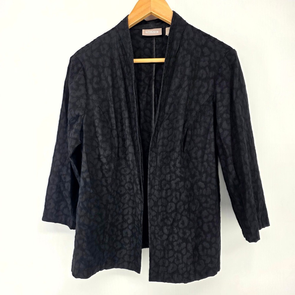 Chico's Jacket Womens 1 Black Leopard Jacquard Open Front Textured Blazer 3/4 Sl